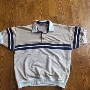 Vintage David Taylor Mens Tan Blue Stripe Short Sleeve Polo Shirt Size L
